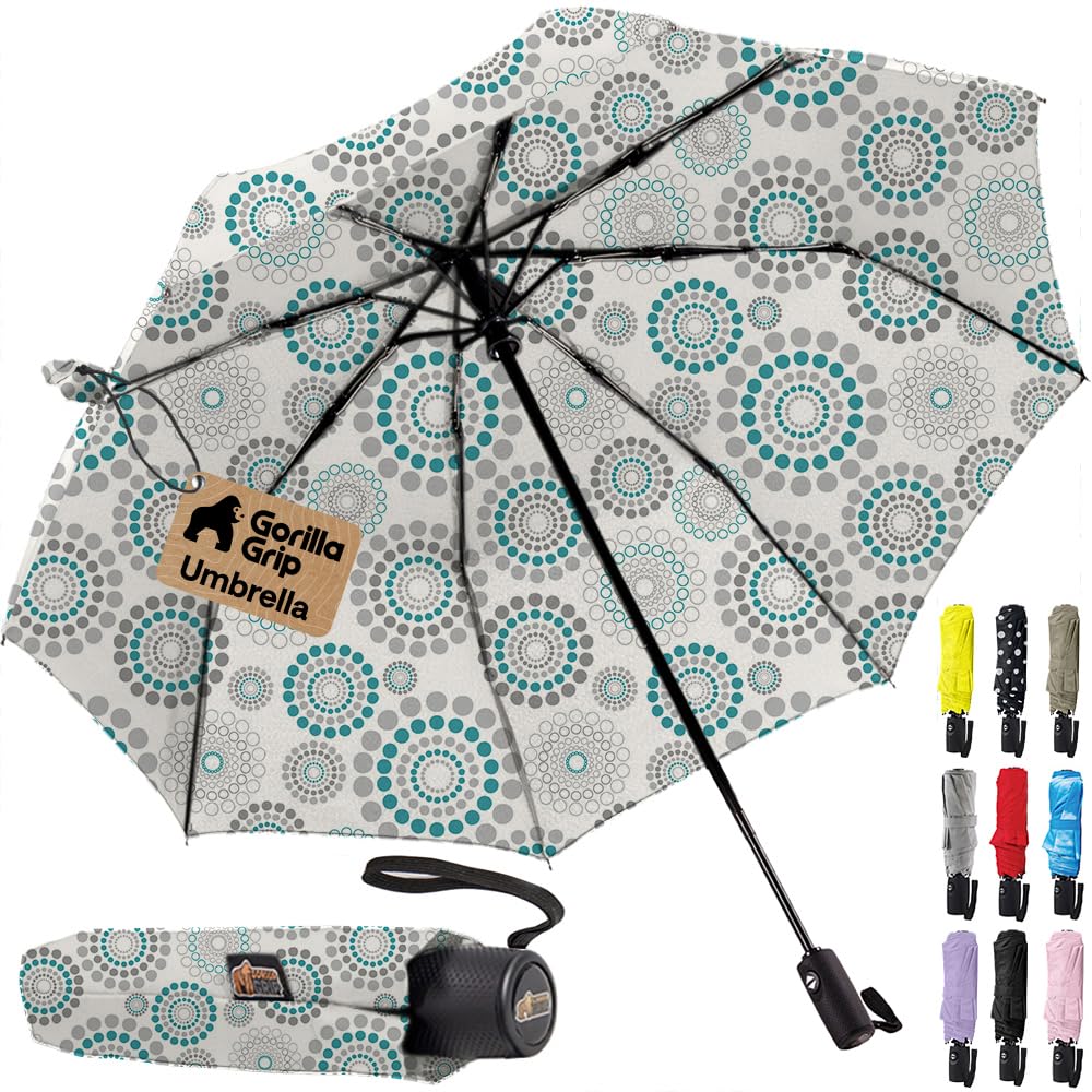 GORILLA GRIP Compact Travel Size Umbrella for Rain, Sleek Design Fits Backpack, Purse and Carry On, Lightweight Under 1lb, One Click Open and Close, Wind Resistant, Durable Waterproof, Cats Dogs
