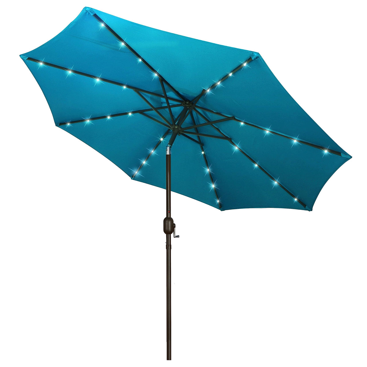 9 ft Solar Umbrella 32 LED Lighted Patio Umbrella Table Market Umbrella with Tilt and Crank Outdoor Umbrella for Garden, Deck, Backyard, Pool and Beach (Black and White)