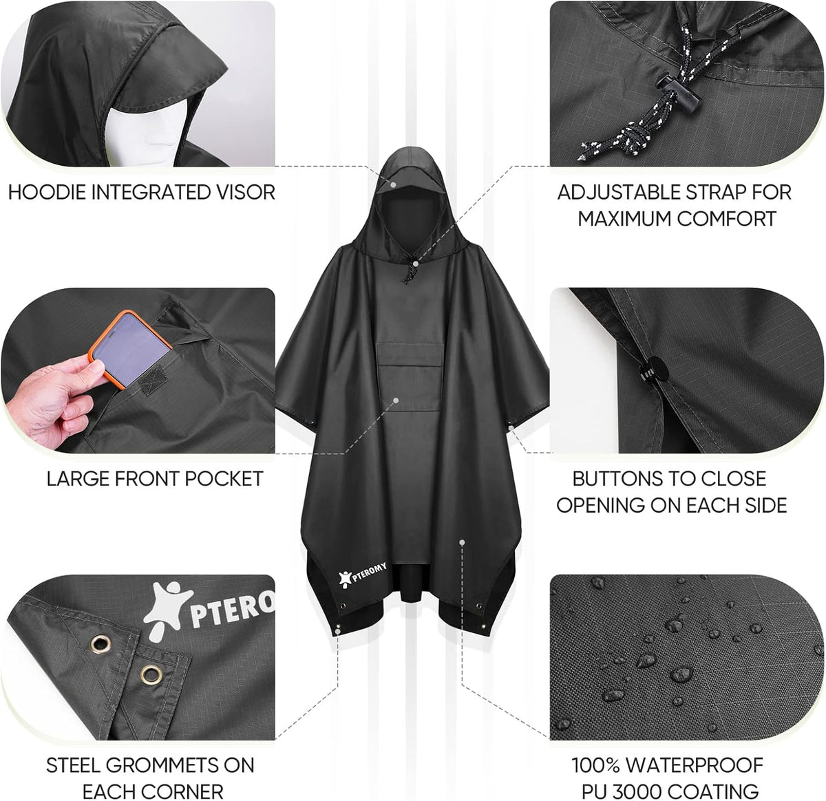 PTEROMY 3-in-1 Hooded Rain Poncho for Adult with Pocket, Waterproof Lightweight Unisex Raincoat for Hiking Camping Emergency