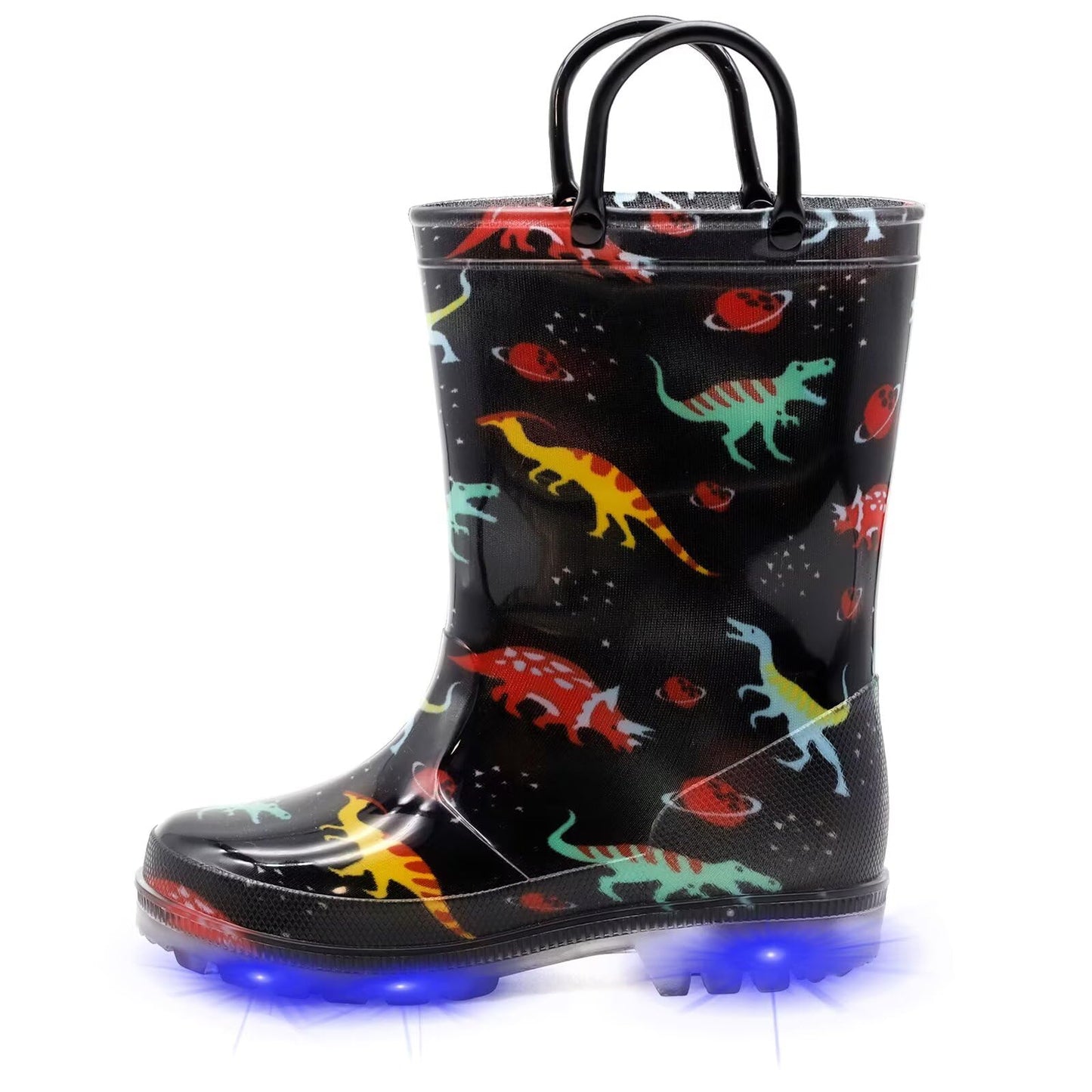 EUXTERPA Toddler Kids Light-Up Rain Boots | Waterproof, Glitter, Cartoon Pattern, Easy-On Handles, LED Flashing Non-Slip Sole, Puddle Play, Outdoor, Children Girls Boys