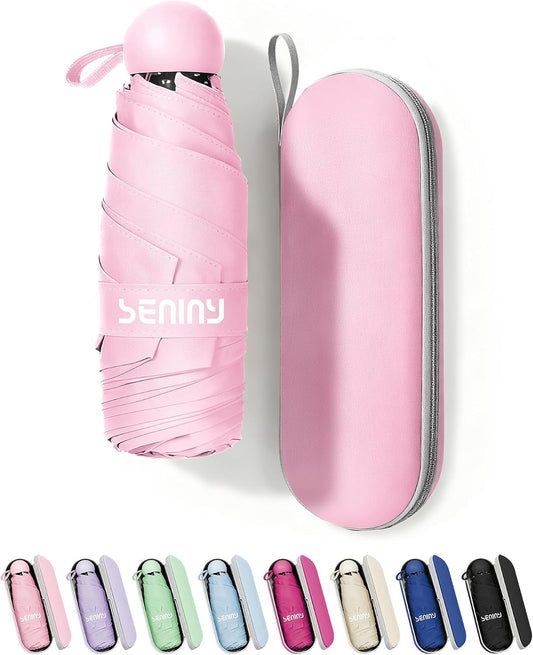 Seniny Mini Travel Umbrella with Case, Compact Pocket Size UV Sun & Rain | Tiny purse size fits pocket, UV protection waterproof fabric, lightweight folding, great for women kids daily travel