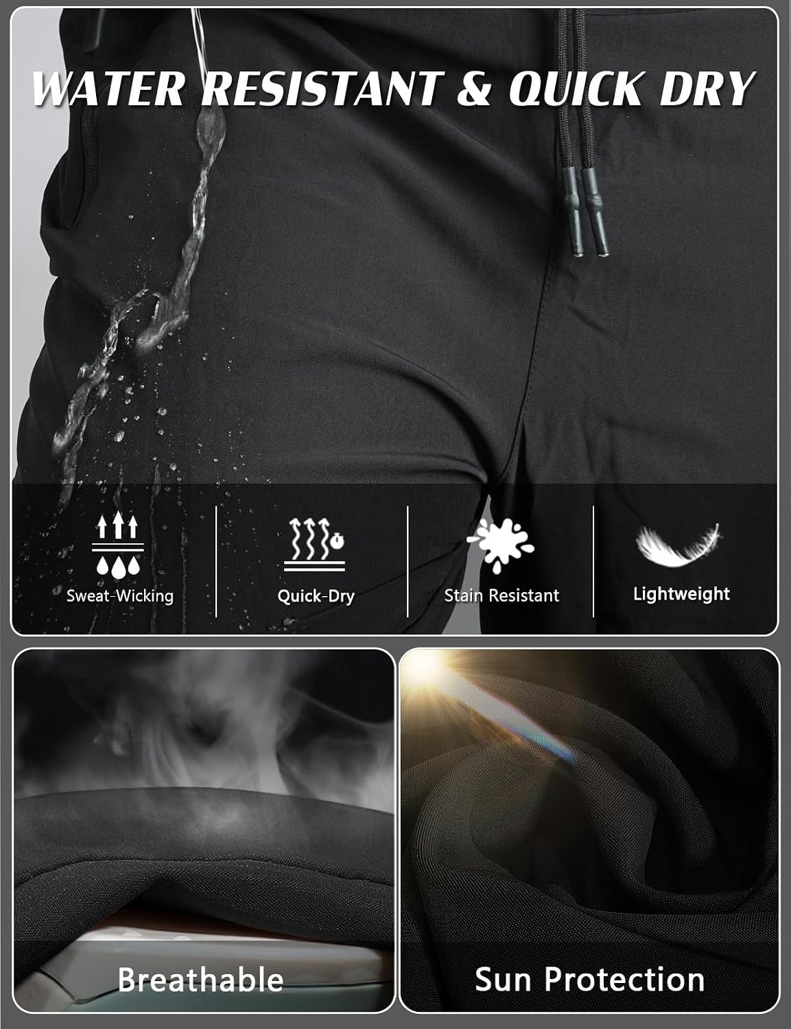 Men's Elastic Waist Hiking Pants Water Resistant Quick-Dry Lightweight Outdoor Sweatpants with Zipper Pockets