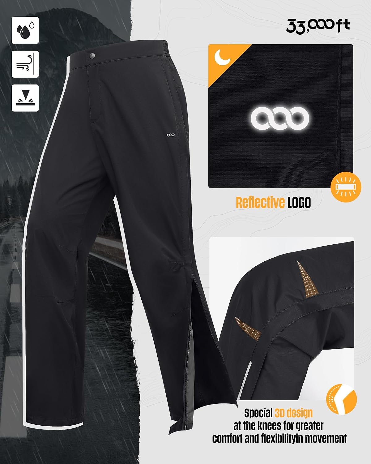33,000ft Women's Side Zipper Rain Pants Lightweight Rain Over Pants | Waterproof Breathable Windproof Outdoor Pants for Hiking, Fishing, Golf, Reflective Strip, Hook & Loop, Storage Pouch