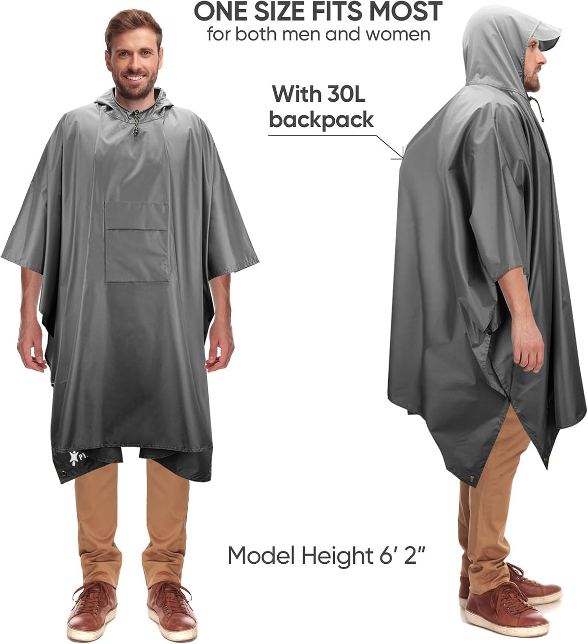 PTEROMY 3-in-1 Hooded Rain Poncho for Adult with Pocket, Waterproof Lightweight Unisex Raincoat for Hiking Camping Emergency