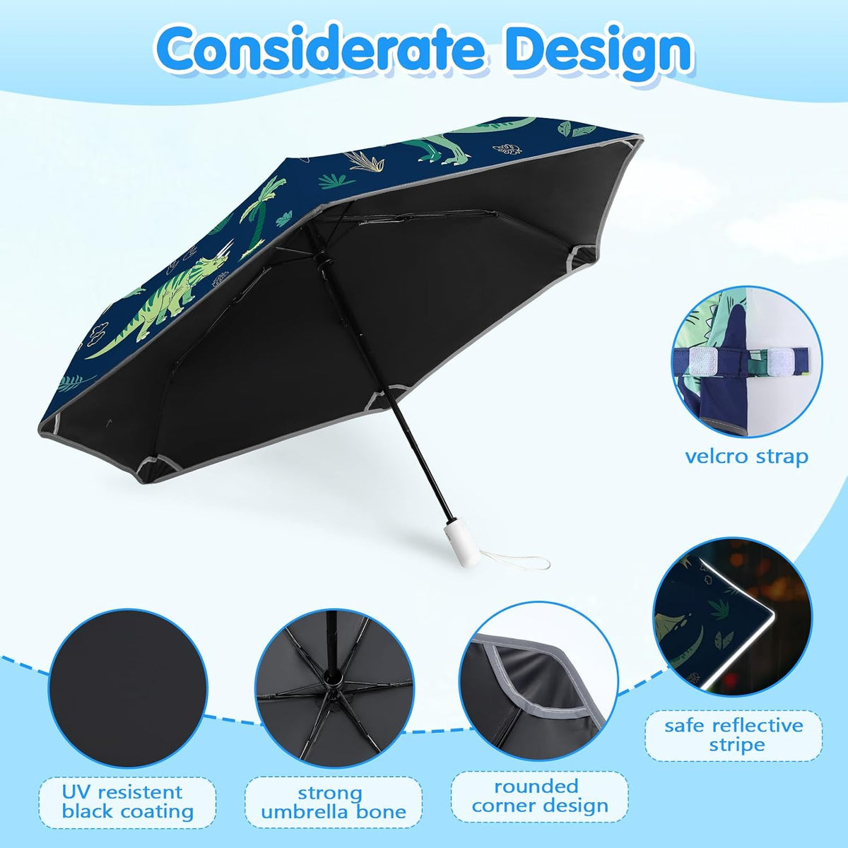 Kids Folding Umbrella Auto Open/Close Umbrellas for Rain Round Corner Safe Design UV Resistant Automatic Children Travel Umbrellas Reinforced Canopy 360° Reflective Strip Lightweight for Girls & Boys