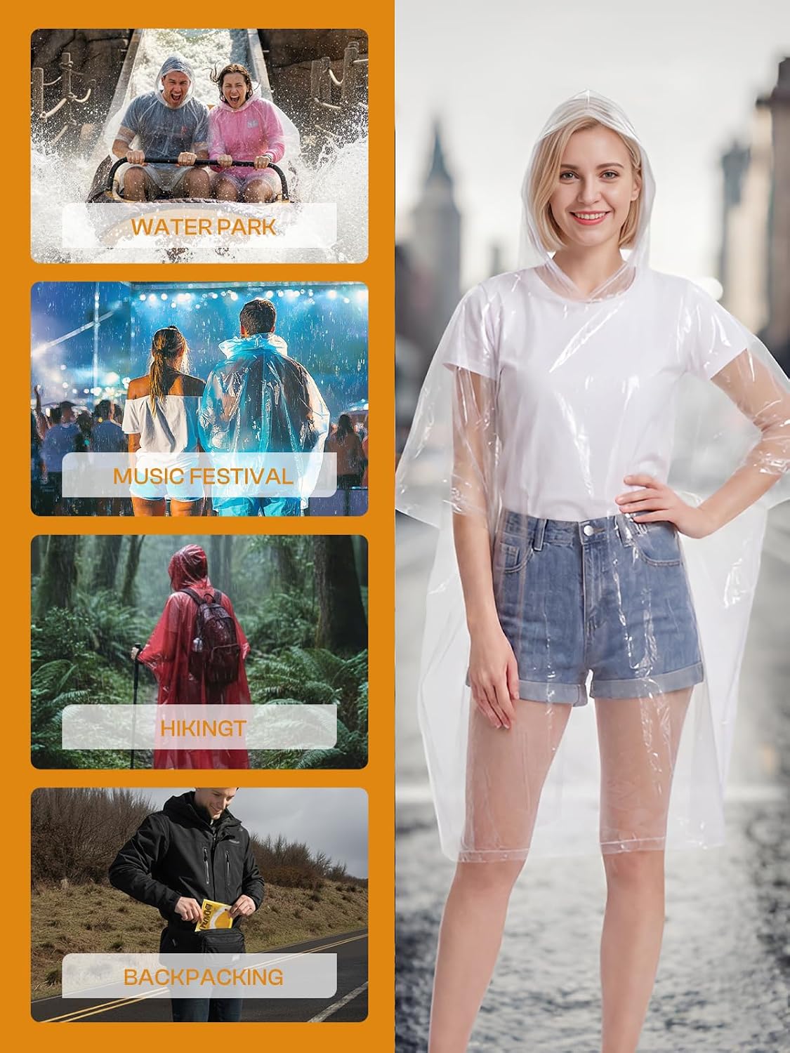 SaphiRose Disposable Adult Rain Ponchos 4 Pack Clear Emergency Raincoat | Value Pack, 100% Waterproof PE, One Size Fits Most Adults, Compact Individual Pouch, for Travel Theme Parks Emergency Kits