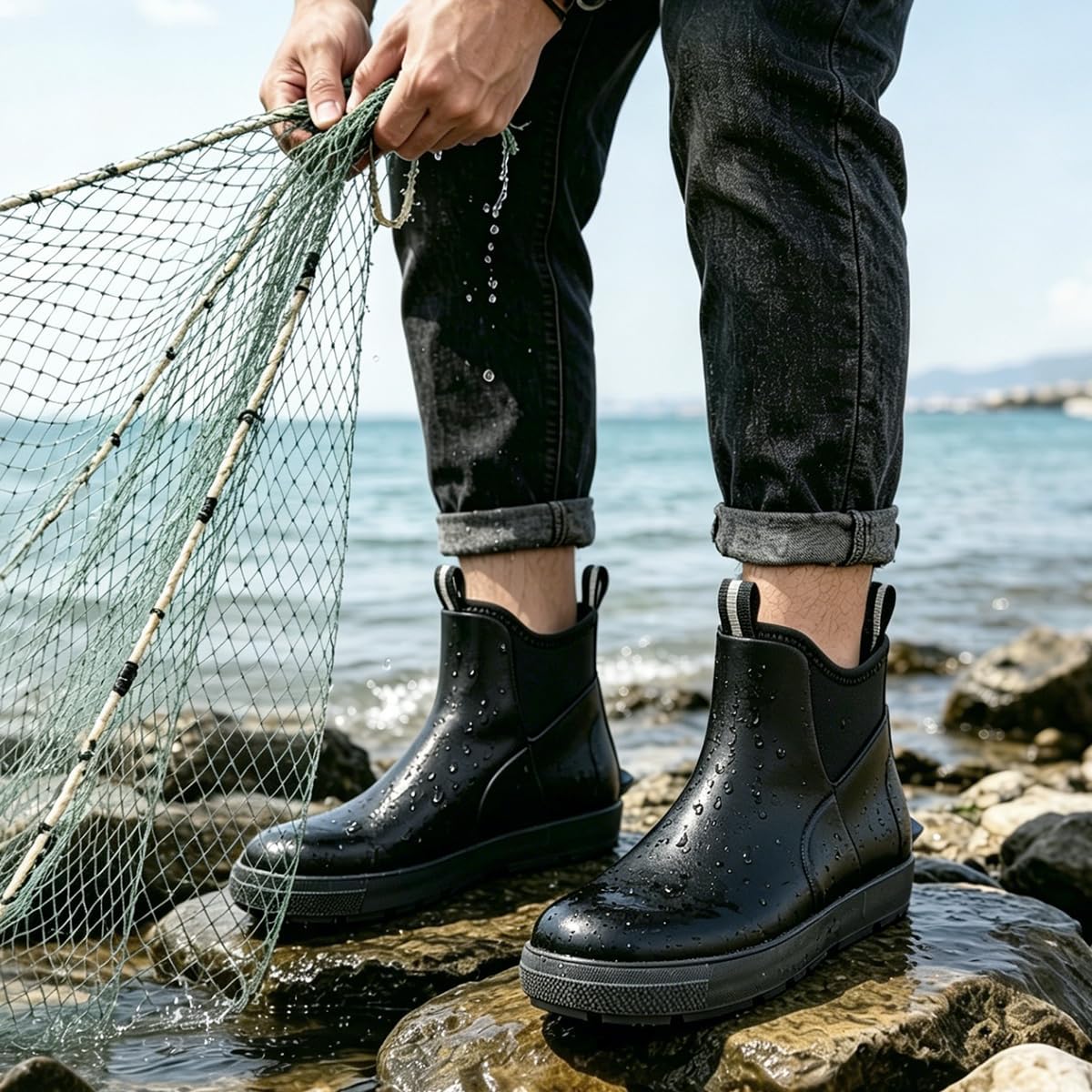 Men's Deck Boots, Waterproof Ankle Rain Boots, Rubber Fishing Boots for Men | Non-Slip Traction, Neoprene Construction, Dual Pull Tabs, Garden Boots for Boating, Sailing, Camping, Farming & Outdoor Work
