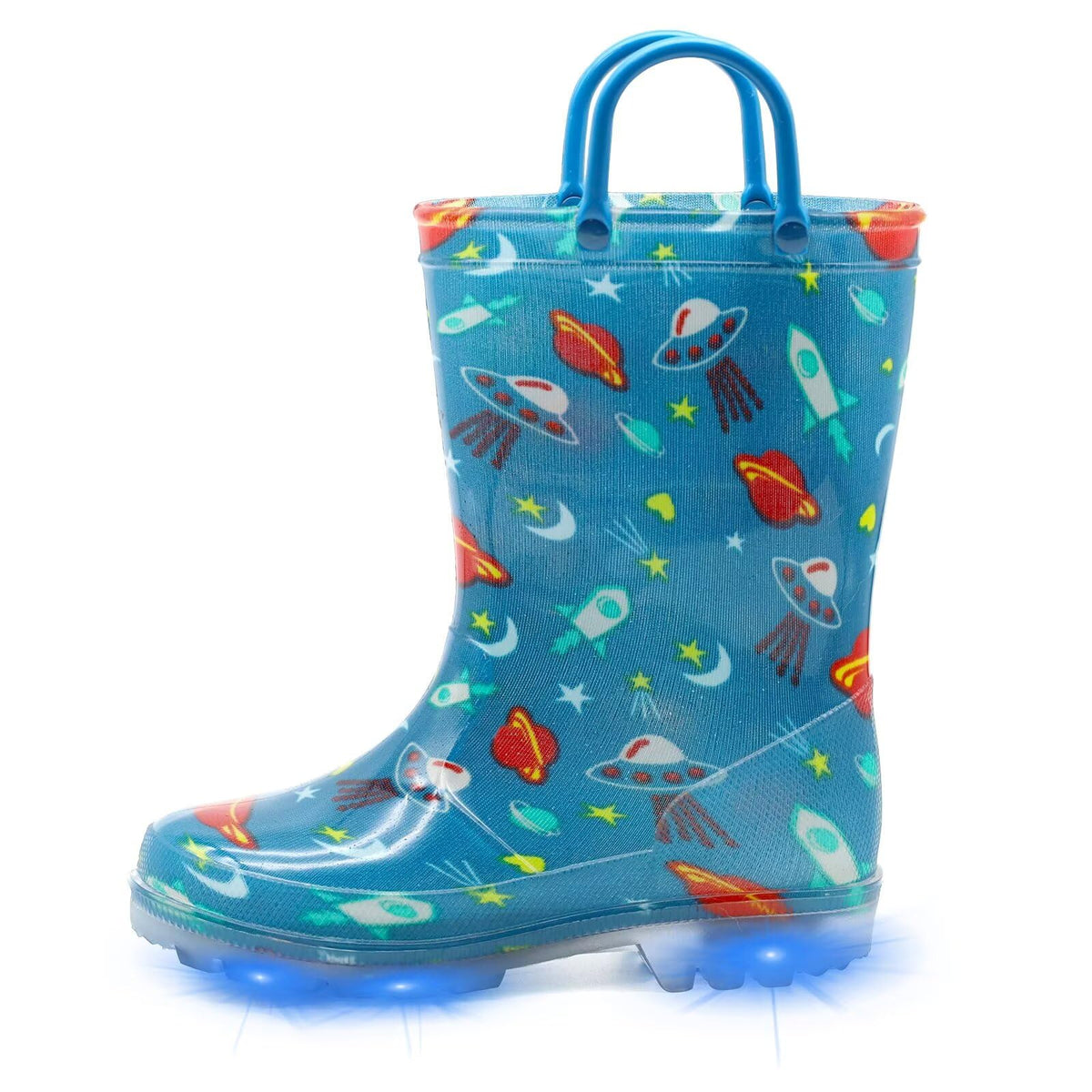 EUXTERPA Toddler Kids Light-Up Rain Boots | Waterproof, Glitter, Cartoon Pattern, Easy-On Handles, LED Flashing Non-Slip Sole, Puddle Play, Outdoor, Children Girls Boys