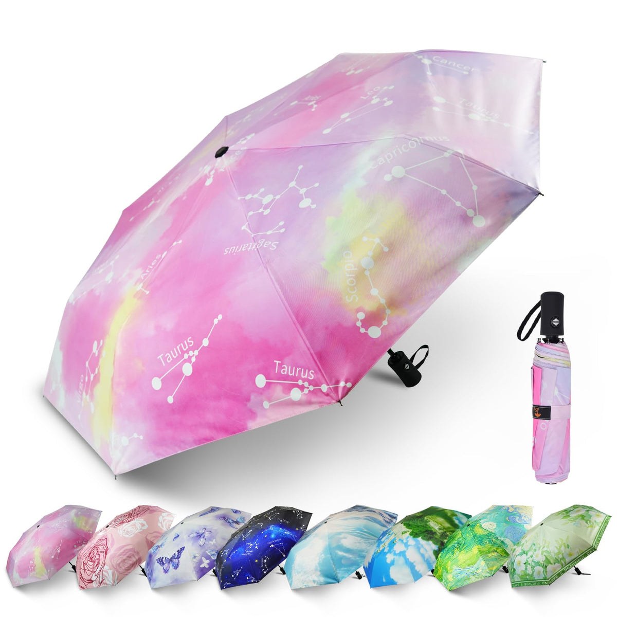 SY COMPACT Travel Umbrella - Windproof Automatic Compact Umbrellas for Rain | Small & Portable, UV Sun Protection, 11" Folded Travel Size, Fits in Backpack & Car, for Walking & Commutes, Factory Direct