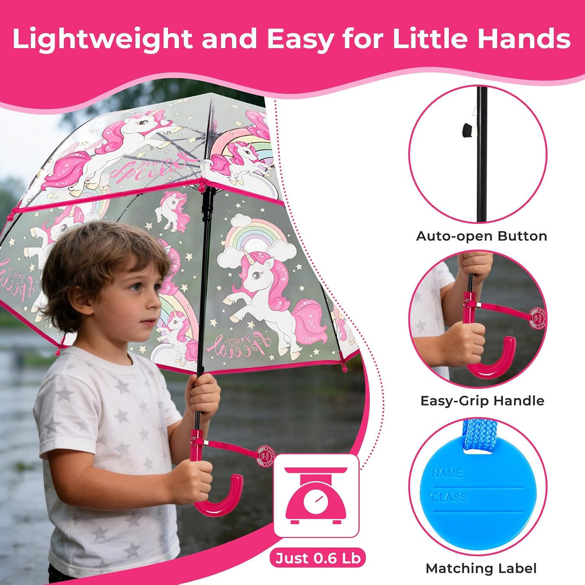 Kids Clear Bubble Umbrella for Rain, Easy Grip, Girls Boys | 39 In Transparent Dome, Windproof, Pinch-Proof Closure, Rounded Tips, Lightweight, School, Travel, Toddler, Rain Gear