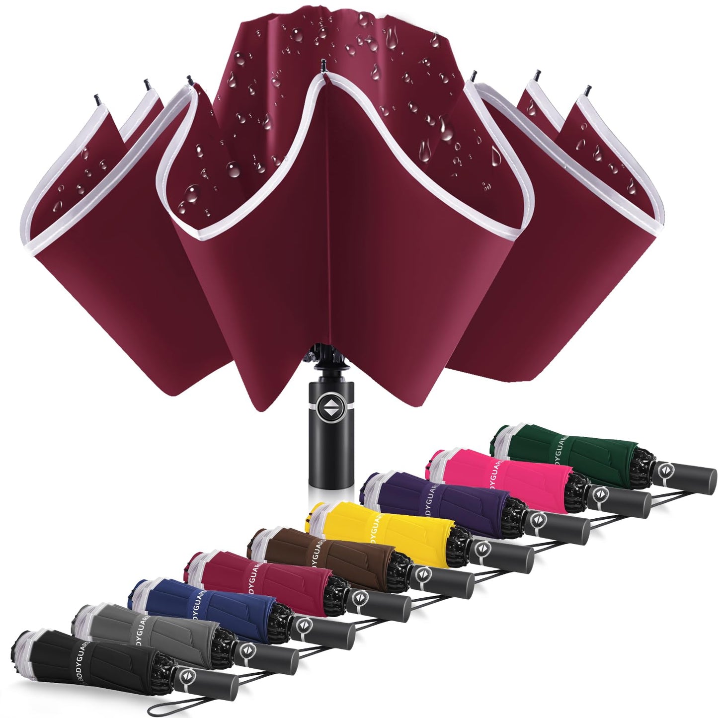 Bodyguard Inverted Umbrella - Large Windproof for Rain & Sun, Compact Reverse With Reflective Stripe, Teflon-Coated for Women Men, Travel Folding With Cover Bag
