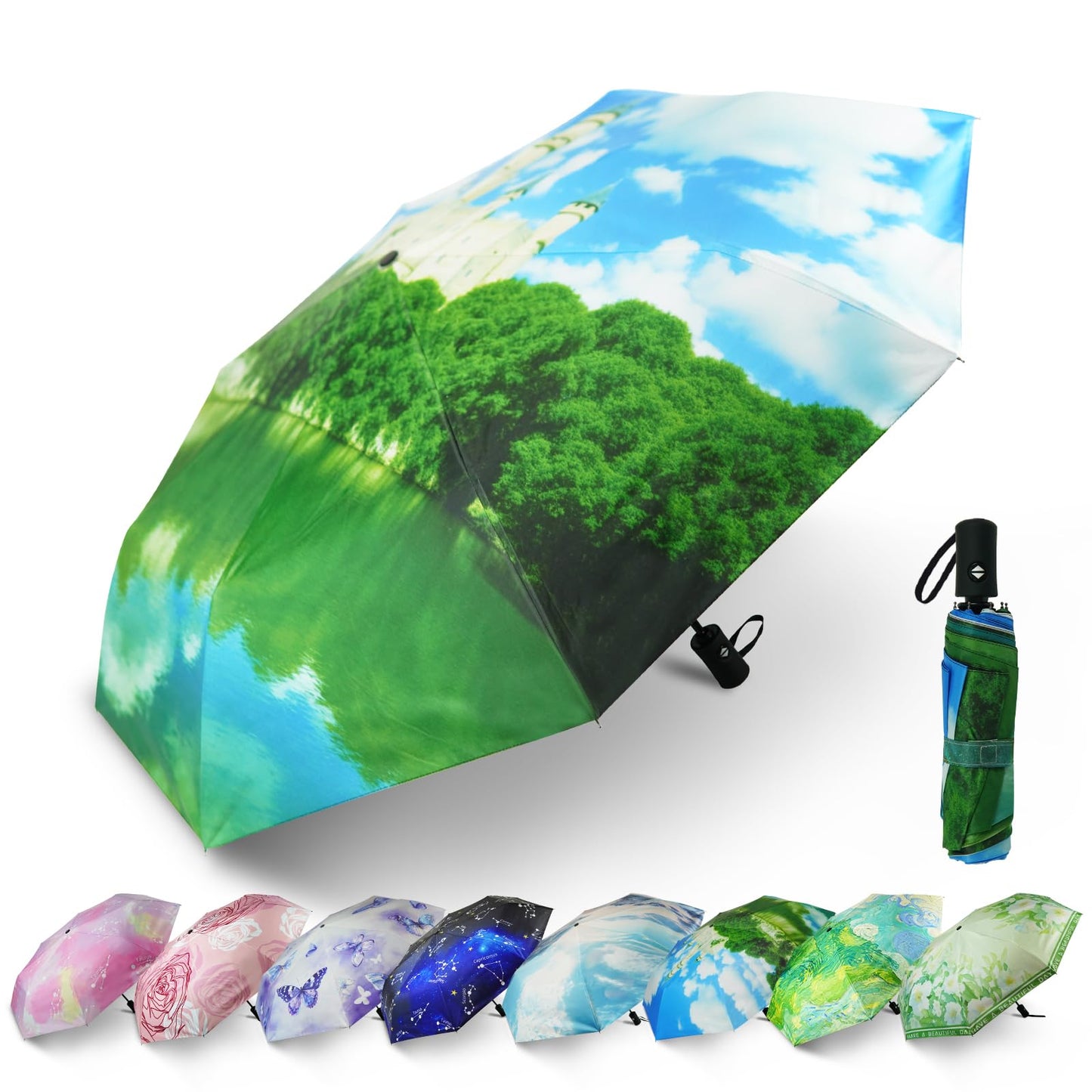 SY COMPACT Travel Umbrella - Windproof Automatic Compact Umbrellas for Rain | Small & Portable, UV Sun Protection, 11" Folded Travel Size, Fits in Backpack & Car, for Walking & Commutes, Factory Direct