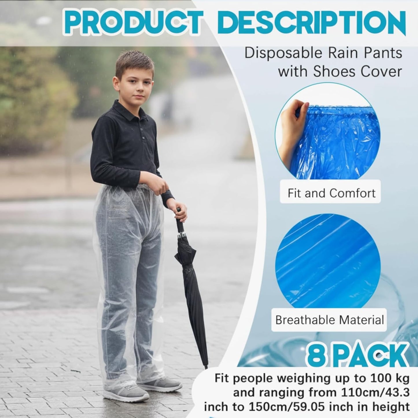 Geyoga 8 Pcs Disposable Rain Pants with Shoe Boot Waterproof Long Pant Boot Covers for Adults Teens Outdoor Cycling Fishing
