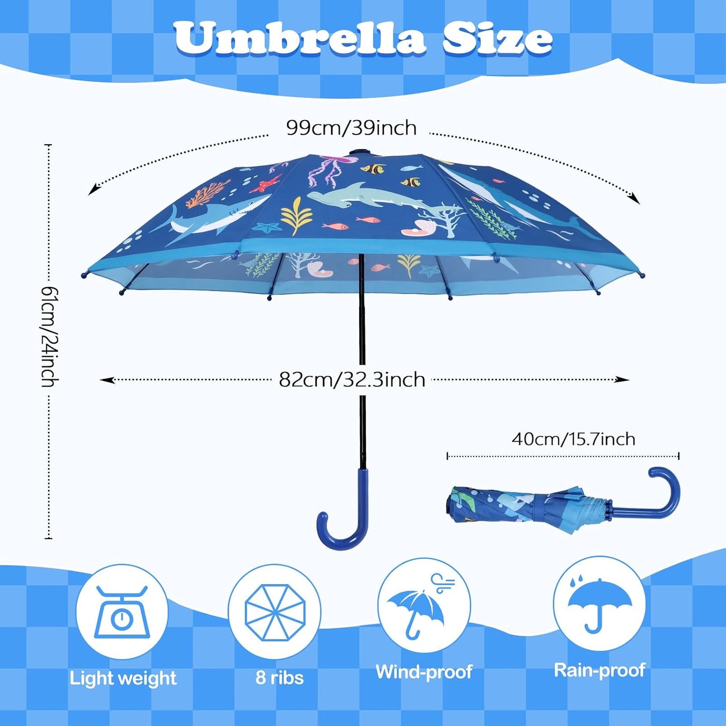 Kids Umbrella, Safety Windproof Umbrella with Easy-Grip Hook Handle for Toddler Girls and Boys