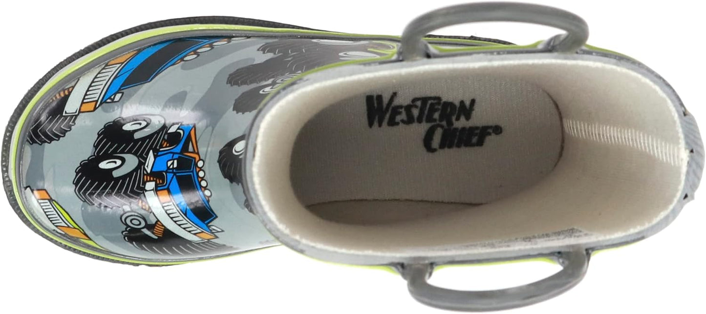 Western Chief Boys Waterproof Printed Rain Boot with Easy Pull On Handles