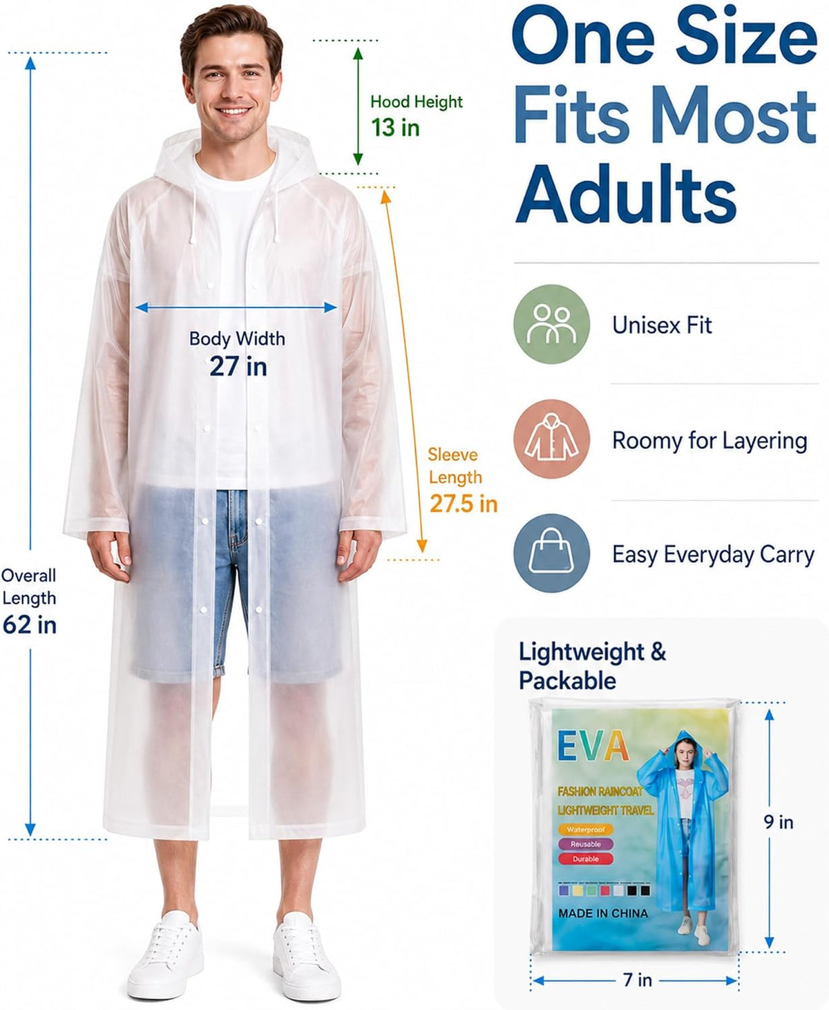 Rain Ponchos for Adults - 4 Pack Reusable EVA Waterproof Rain Jackets | 4-Pack Family Set, Drawstring Hood Snap Button Fastener Wide Cuff Packable for Theme Park Concert Sports Fishing Emergency
