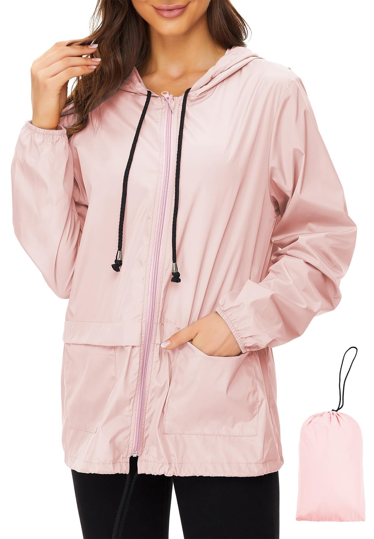 Zando Lightweight Rain Jacket Women Packable Waterproof Raincoat with Hood | Windbreaker Jacket Women, Light Raincoats for Drizzle, Rain Coats for Travel, Hiking and Commute