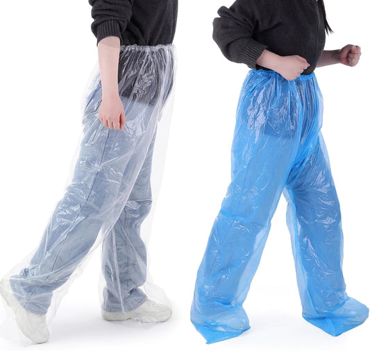 2 Pcs Disposable Rain Pants, Unisex Adult Long Tube Rain Pant with Shoe Cover Waterproof Thickened Long Pant Boot Covers for Outdoor Activities Fishing Travel Cycling (White, Blue)
