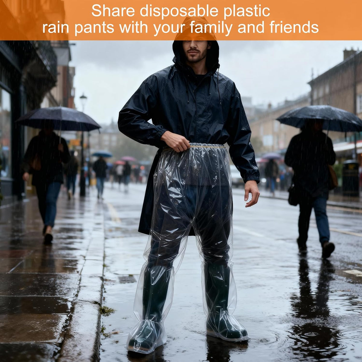 4-Pack Disposable Rain Pants for Men & Women - 53in Long Emergency Waterproof Rain Pant with Shoe Boot -Thickened Plastic Foot Wrapped Rainpants Covers for Outdoor Cycling Fishing