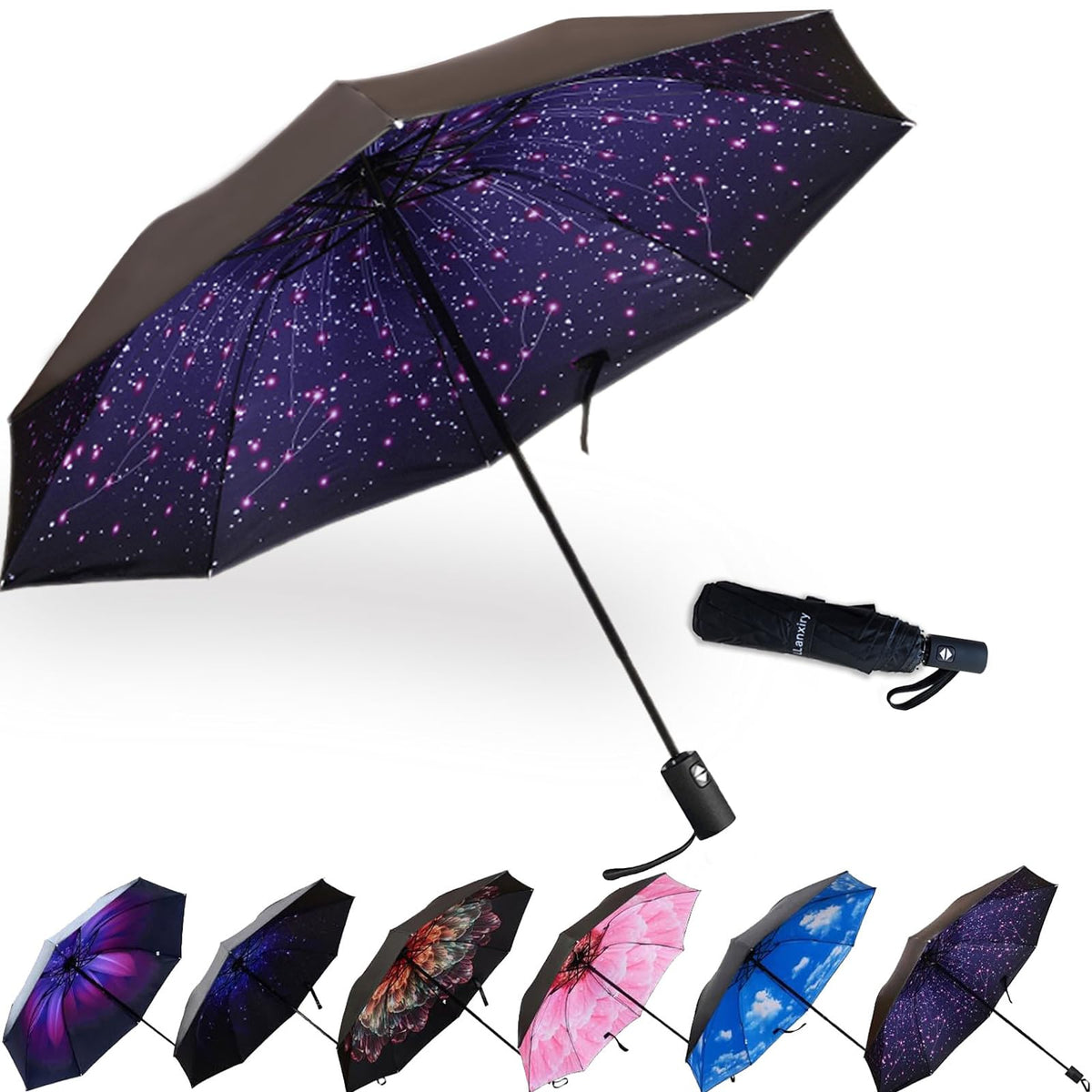LLanxiry Compact Travel Umbrella, Windproof Automatic Umbrellas for Rain | Small, Portable, Folding, Lightweight, Waterproof, Backpacks, Purses, Cars, Commuting, Walk, School, Men, Women