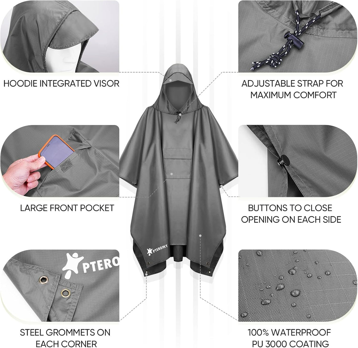 PTEROMY 3-in-1 Hooded Rain Poncho for Adult with Pocket, Waterproof Lightweight Unisex Raincoat for Hiking Camping Emergency
