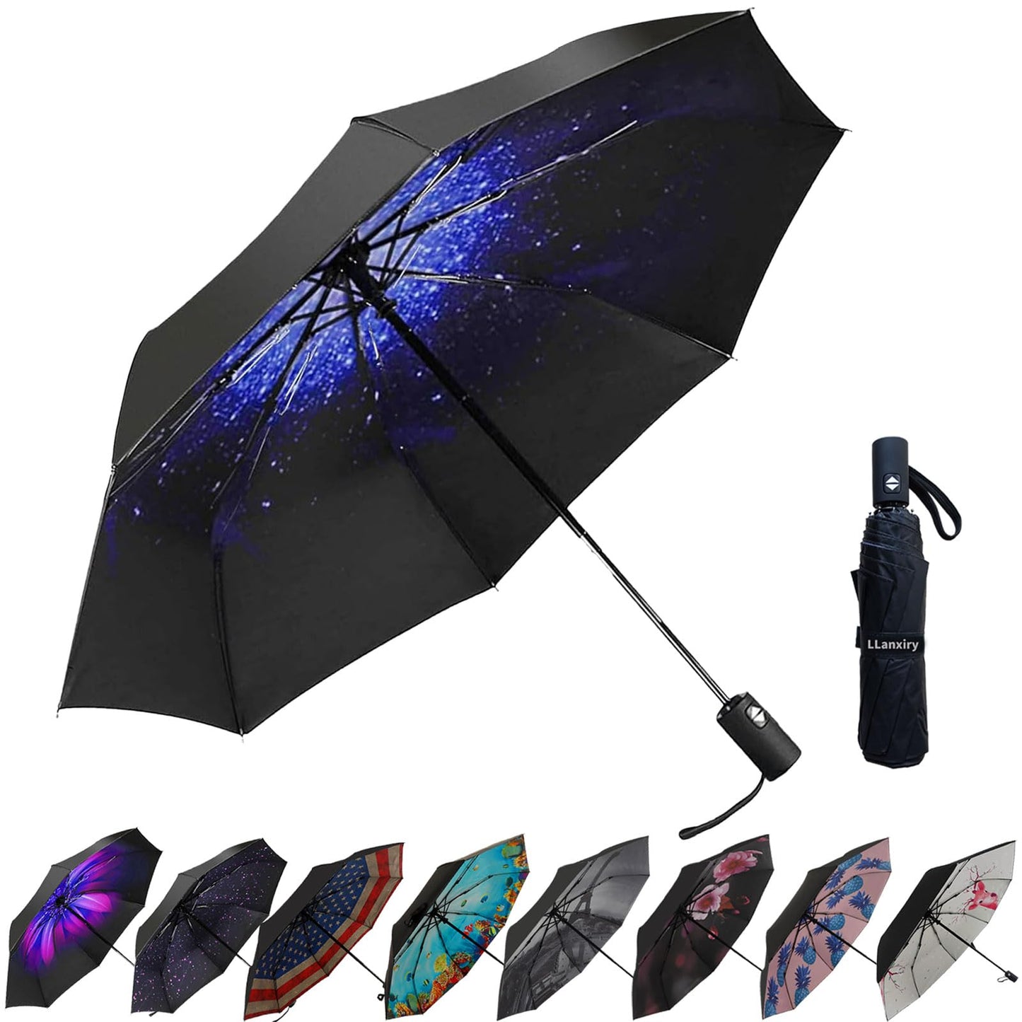 LLanxiry Compact Travel Umbrella, Windproof Automatic Umbrellas for Rain | Small, Portable, Folding, Lightweight, Waterproof, Backpacks, Purses, Cars, Commuting, Walk, School, Men, Women