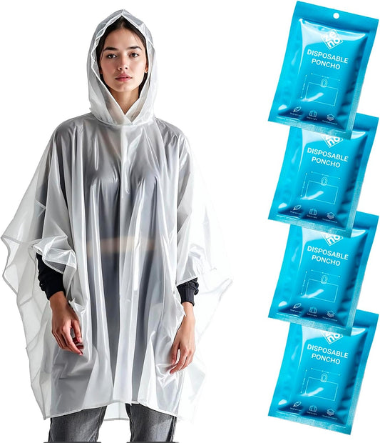 ZENO Disposable Rain Ponchos for Adults - Clear with Hood, Compact Emergency Ponchos for Hiking, Camping, Travel