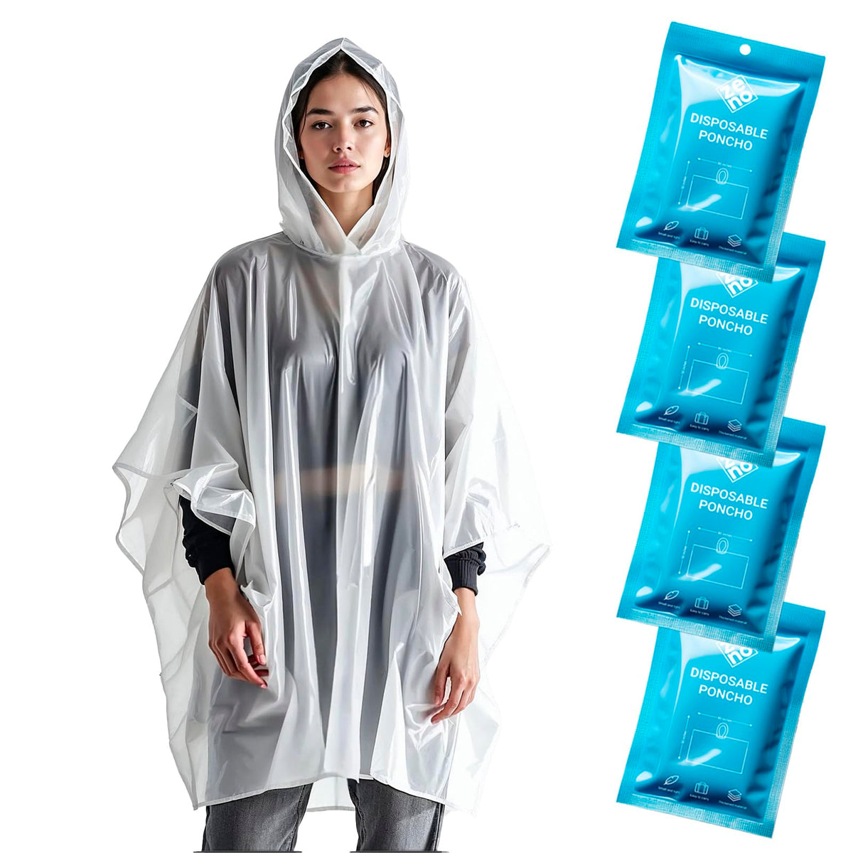ZENO Disposable Rain Ponchos for Adults - Clear with Hood, Compact Emergency Ponchos for Hiking, Camping, Travel
