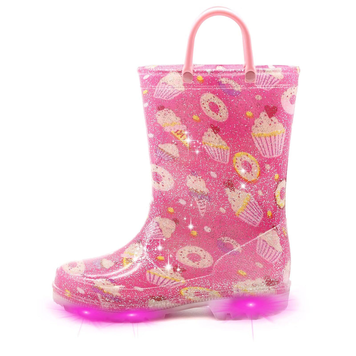 EUXTERPA Toddler Kids Light-Up Rain Boots | Waterproof, Glitter, Cartoon Pattern, Easy-On Handles, LED Flashing Non-Slip Sole, Puddle Play, Outdoor, Children Girls Boys