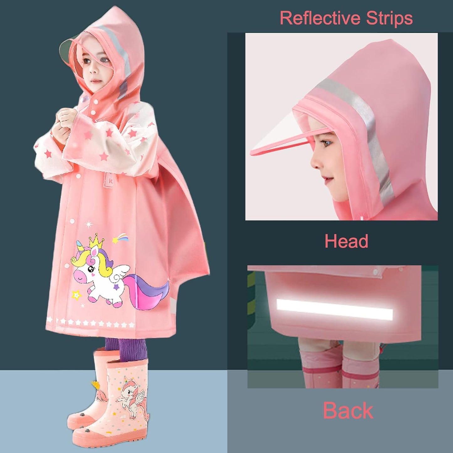 Fewlby Kids Raincoats For Girls Boys Waterproof Rain Jacket Cartoon Unicorn Children Toddler Rain Wear Children Rain Poncho M Size 3-4 Years
