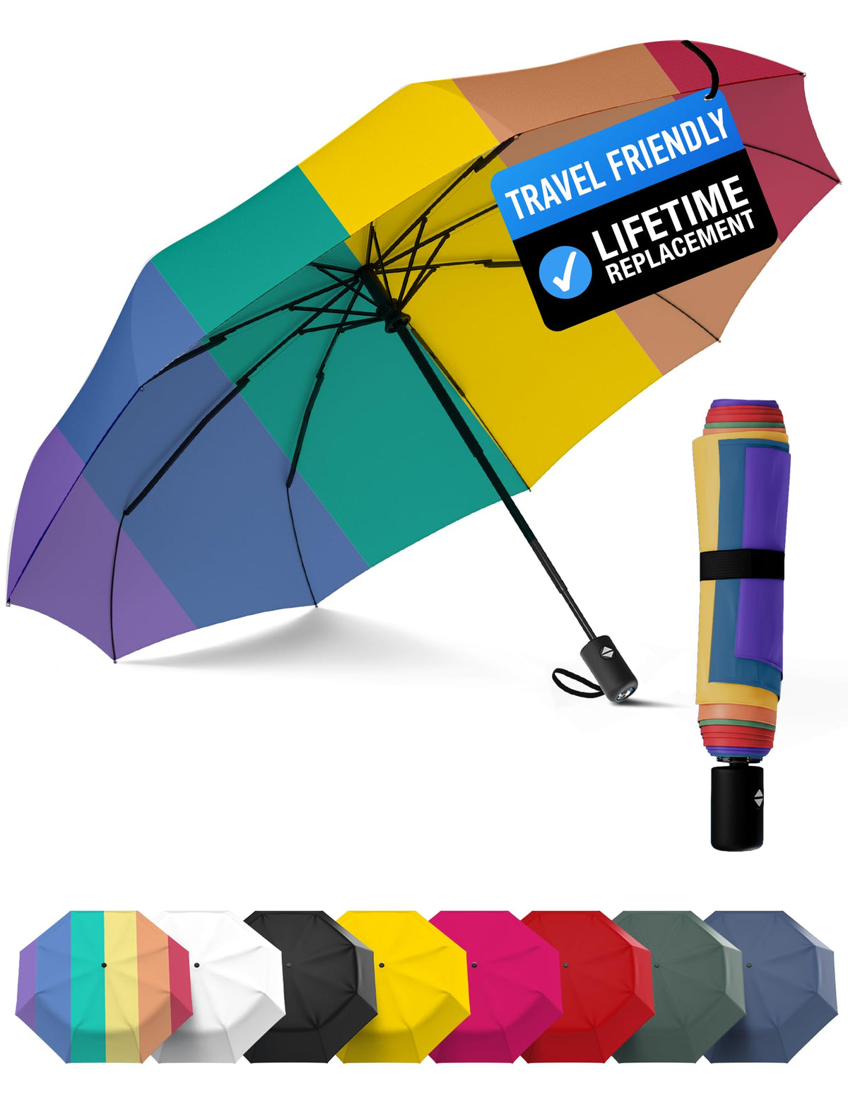 Rain-Mate Windproof Compact Umbrellas for Rain - Strong Reinforced Fiberglass Rib Design & Auto Open & Close - Portable Folding Travel Umbrella - Lightweight & Packable for Women & Men, Easy Collapse