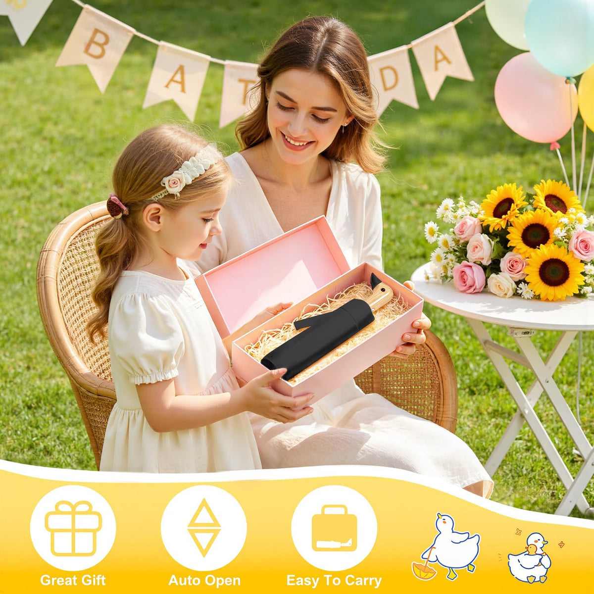 Duck Umbrella Cute Automatic Travel Size Compact Folding for Adults | Automatic duck wooden handle,Fit in handbag/backpack/suitcase,ideal gifts for women and kids