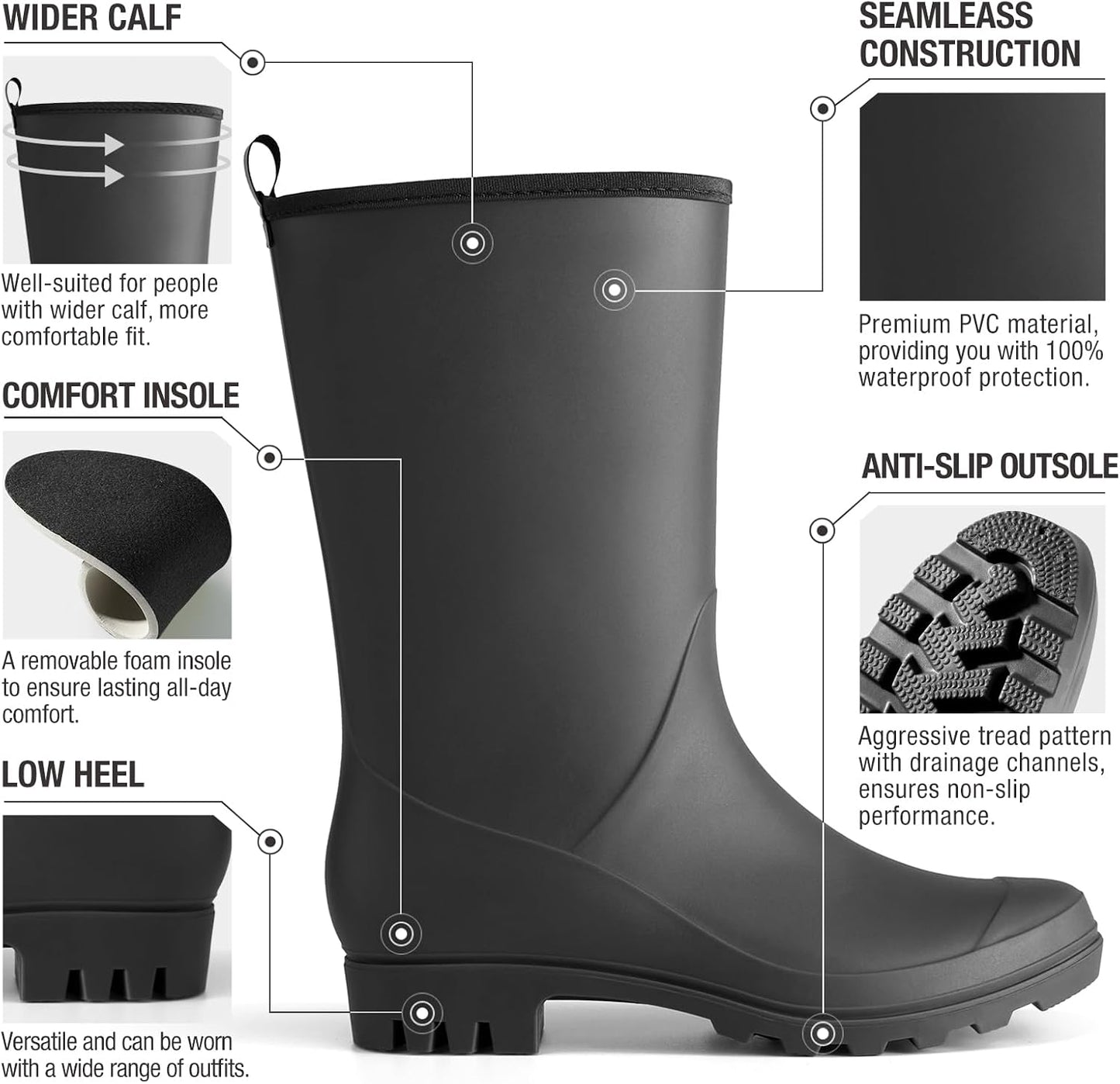 HISEA Women Rubber Boots Wide Calf Rain Boots | Seamless Matte Surface Waterproof PVC Rubber Rain Shoes for Farm Barn Garden Outdoor Work
