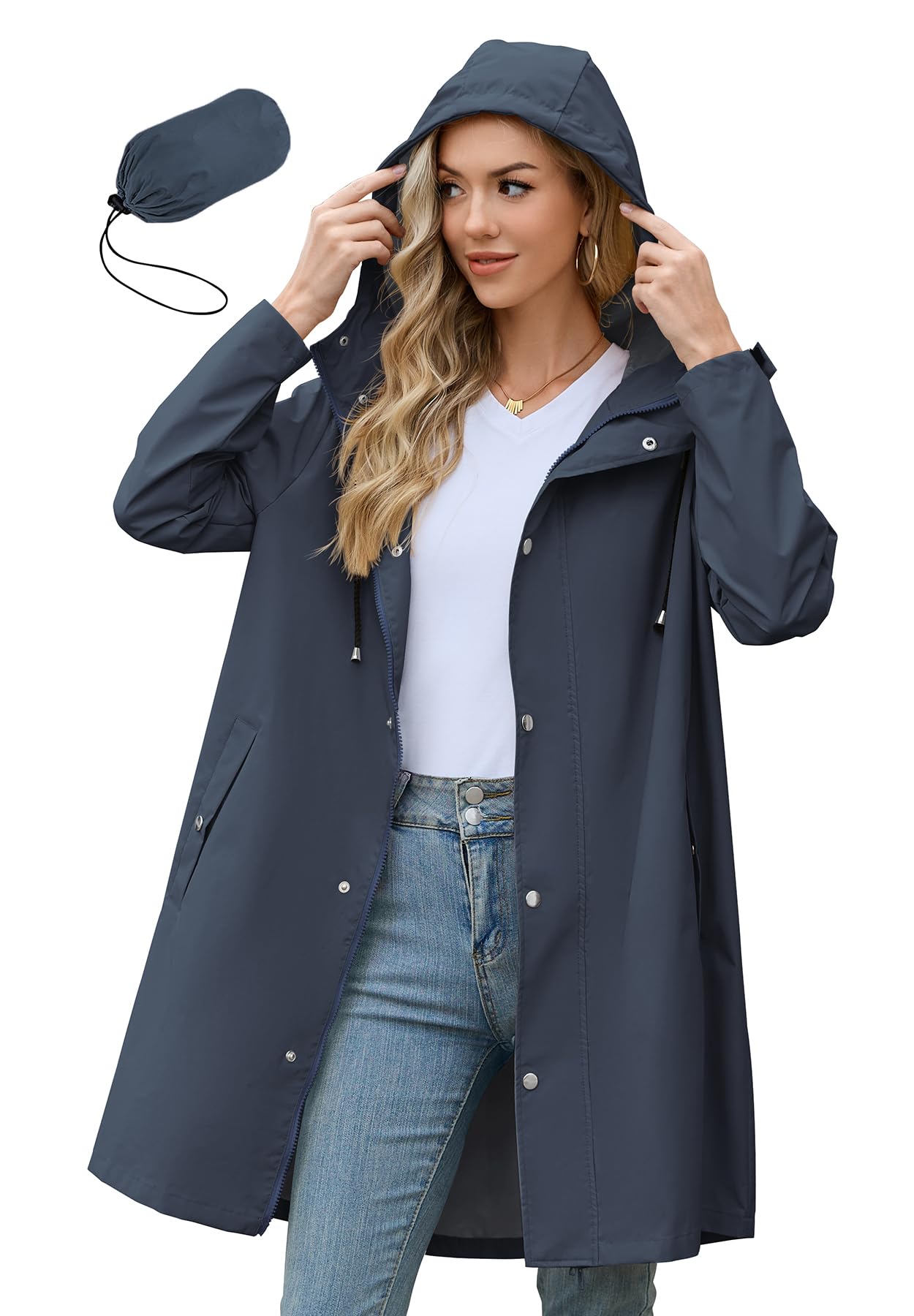 Zando Long Packable Rain Jacket Women Waterproof Raincoat with Hood | Relaxed-Fit Lightweight Windbreaker for Women; Travel Rain Coats for Commute, Hiking, Cruise, and Daily wear