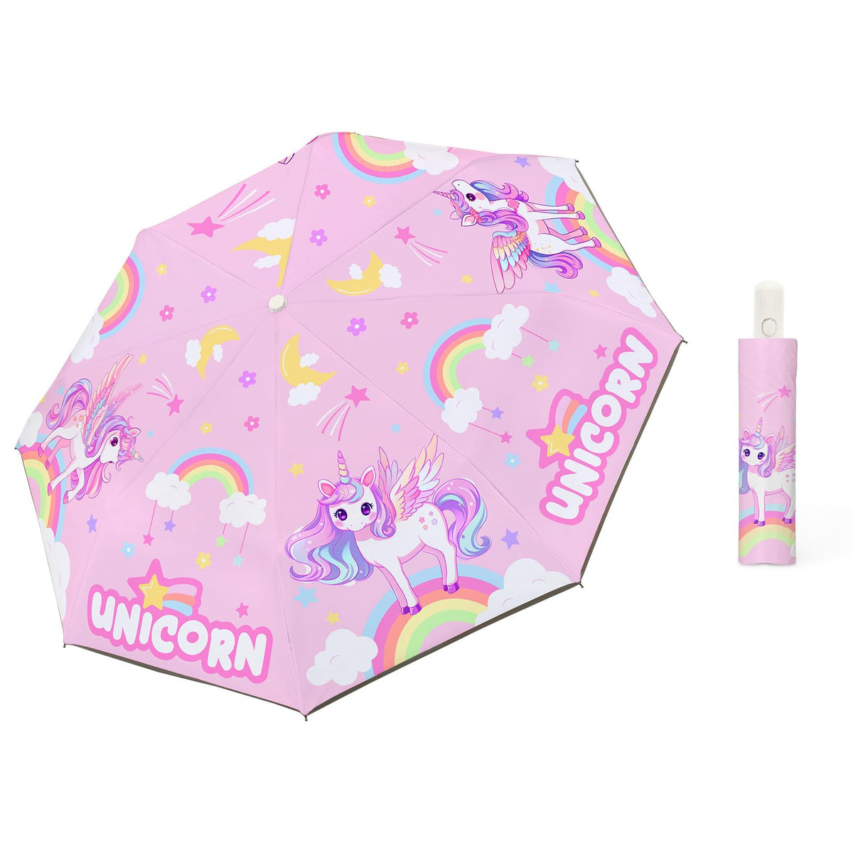 Autoamtic Kids Umbrella UV Resistant, Folding Compact Umbrella 360° Reflective Strip for Travel Outdoor, Lightweight Cute Kids Parasol Anti-rebound Safe for Toddler