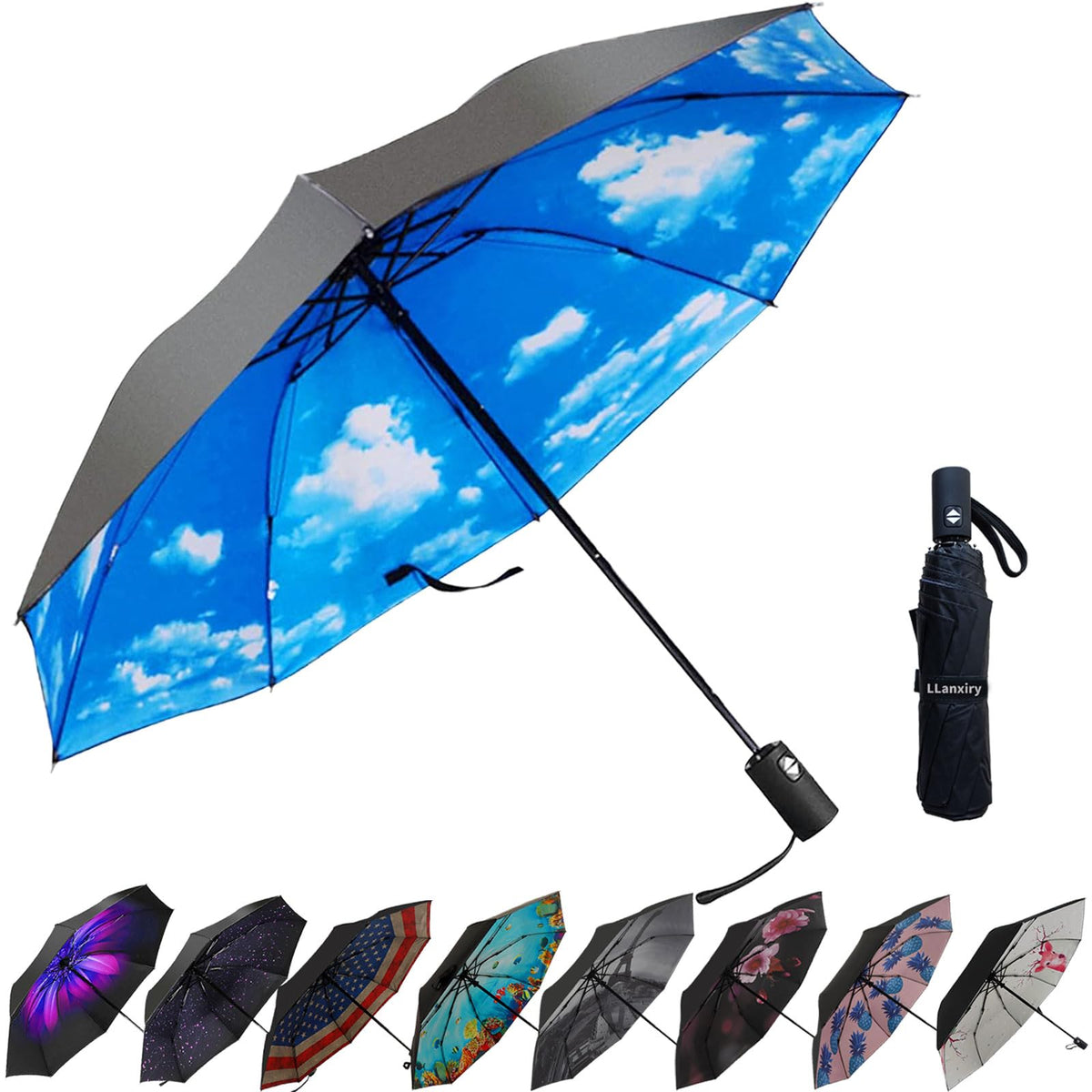 LLanxiry Compact Travel Umbrella, Windproof Automatic Umbrellas for Rain | Small, Portable, Folding, Lightweight, Waterproof, Backpacks, Purses, Cars, Commuting, Walk, School, Men, Women