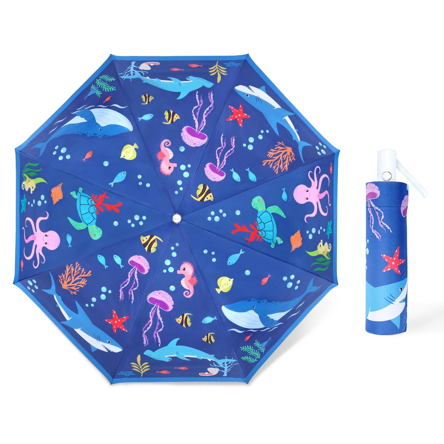 Kids Folding Umbrella Auto Open/Close Anti-rebound Safe Design UV Resistant Automatic Children Travel Umbrellas 8 Rib Reinforced Canopy 360° Reflective Strip Lightweight Cute Umbrella for Girls & Boys
