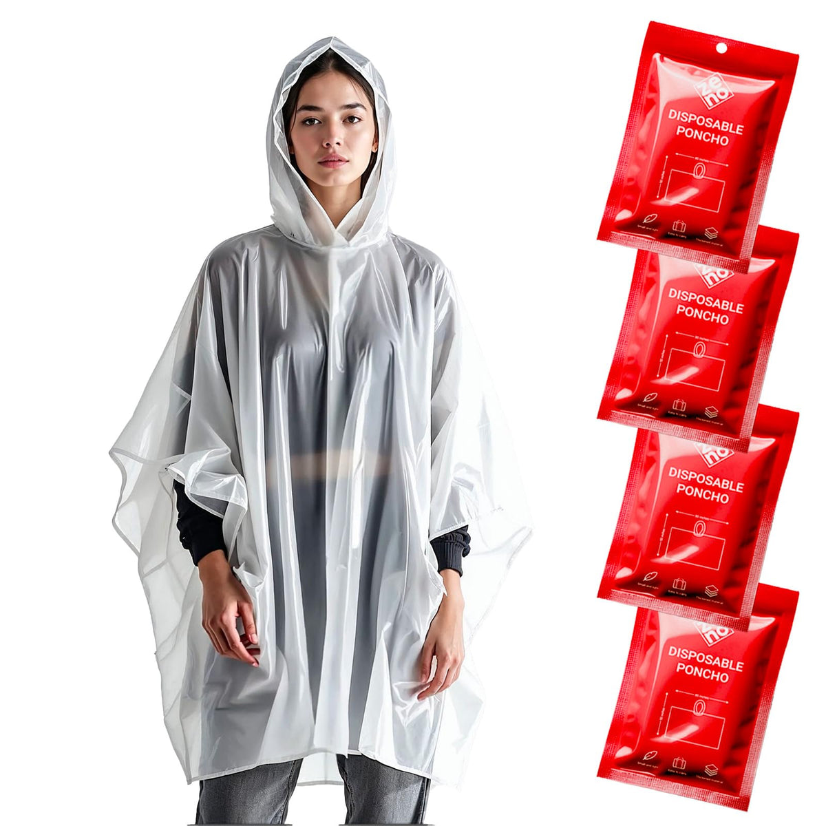 ZENO Disposable Rain Ponchos for Adults - Clear with Hood, Compact Emergency Ponchos for Hiking, Camping, Travel