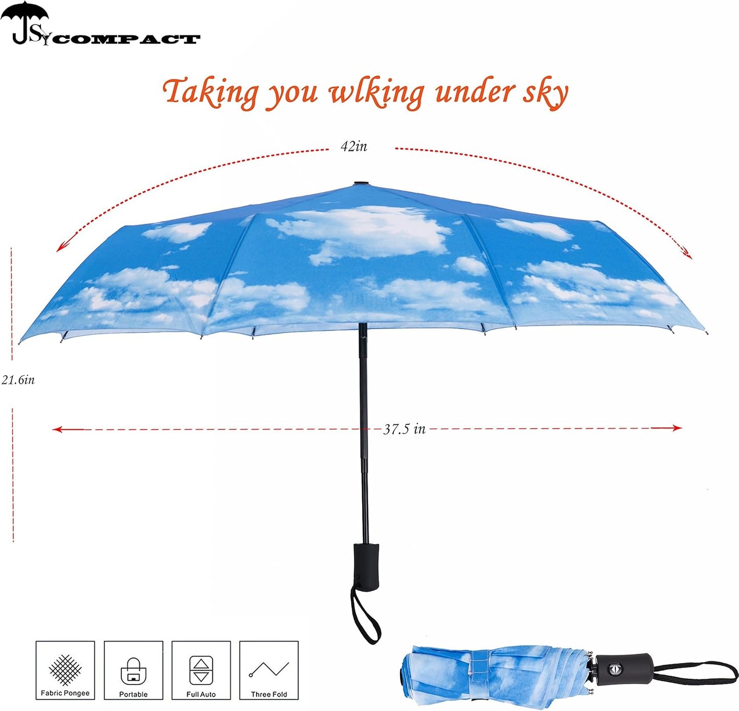 SY COMPACT Travel Umbrella - Windproof Automatic Compact Umbrellas for Rain | Small & Portable, UV Sun Protection, 11" Folded Travel Size, Fits in Backpack & Car, for Walking & Commutes, Factory Direct