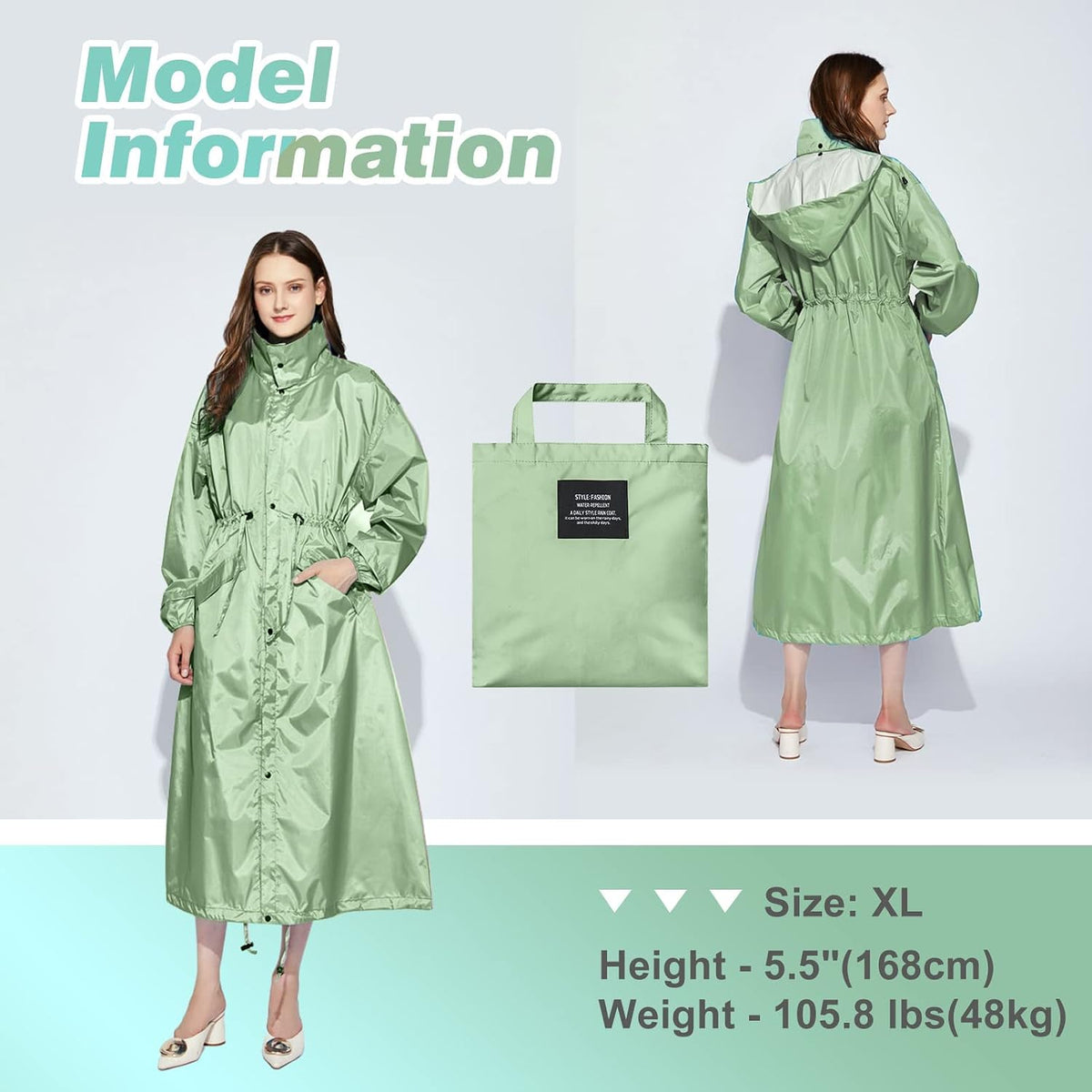 LAMA Womens Long Raincoats Rain Jacket Waterproof Packable Hooded Windbreaker Lightweight Adjustable Waist for Outdoor