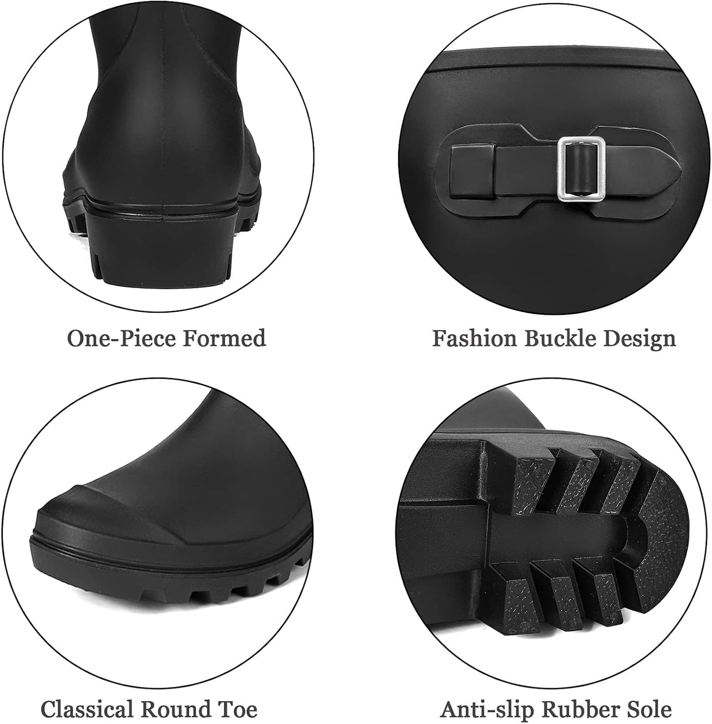 Women's Tall Waterproof Rain Boots Rubber Garden Boots with Buckle | Deep-lug non-slip outsole, breathable polyester lining, removable insole — for gardening, farm chores, rainy dog walks