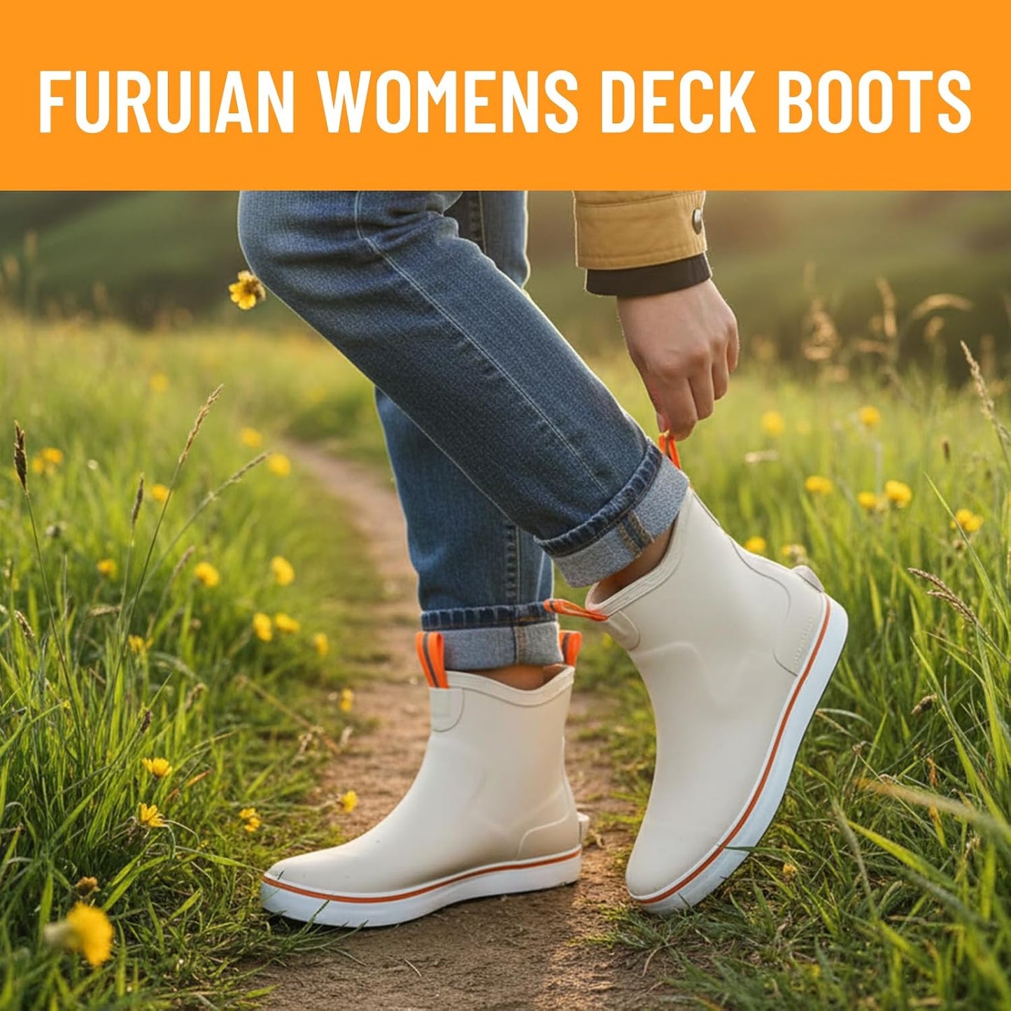 Furuian Women's Deck Boots Waterproof Ankle Rain Boots Rubber Fishing Boots Outdoor Chelsea Booties Garden Boots Work Shoes for Boating, Camping, Farming