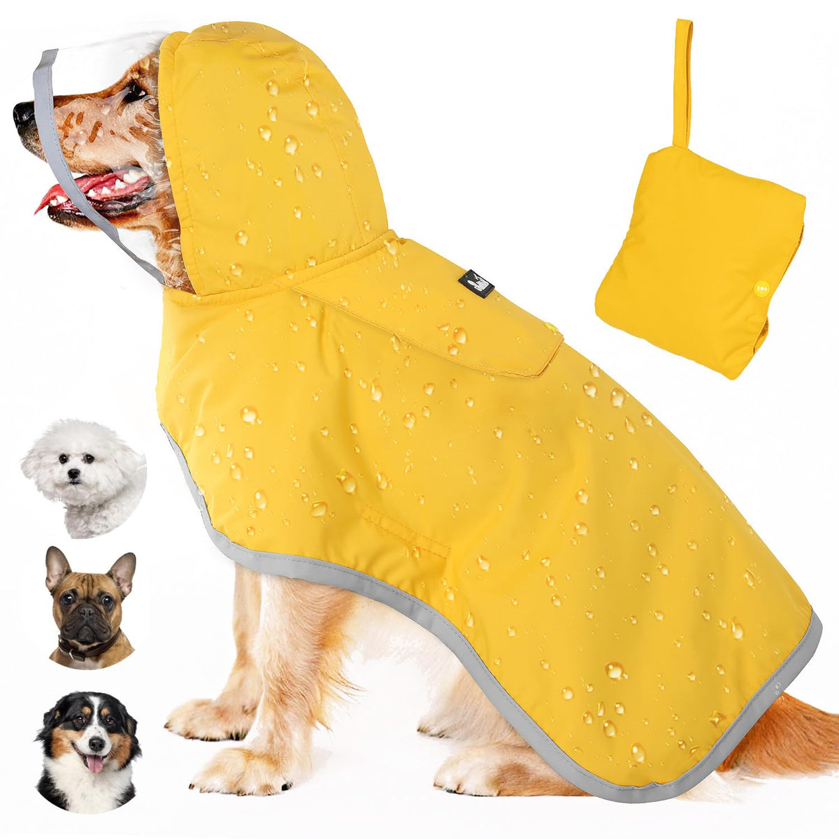 Lukovee Dog Raincoat, Waterproof Rain Jacket, Clear Hood & Reflective Rim | Easy On Off Adjustable Straps, Leash Hole, Soft Mesh Lining, Storage Pocket, Poncho for Small Medium Large Dogs (Yellow, 2XL)