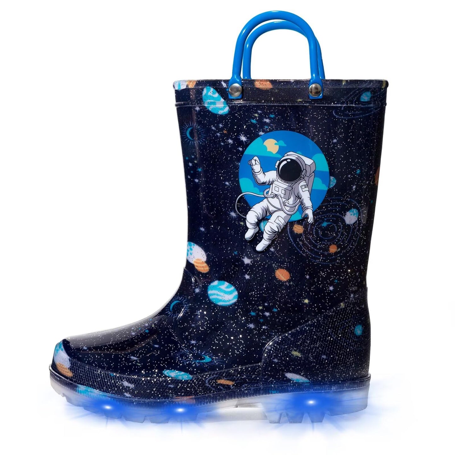 EUXTERPA Toddler Kids Light-Up Rain Boots | Waterproof, Glitter, Cartoon Pattern, Easy-On Handles, LED Flashing Non-Slip Sole, Puddle Play, Outdoor, Children Girls Boys