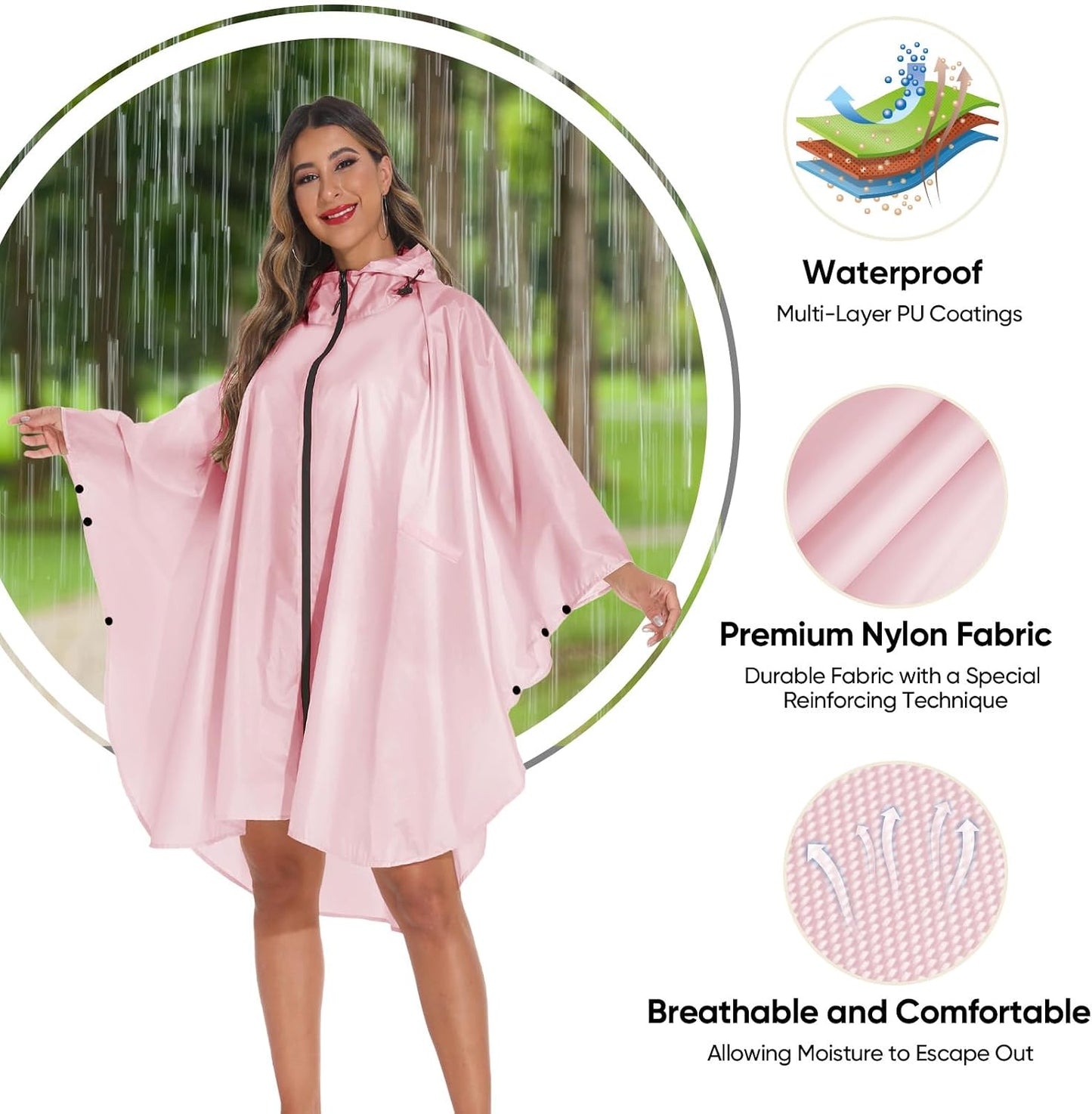 PTEROMY Hooded Rain Poncho for Adult with Pocket and Zipper, Waterproof Lightweight Raincoat for Men and Women