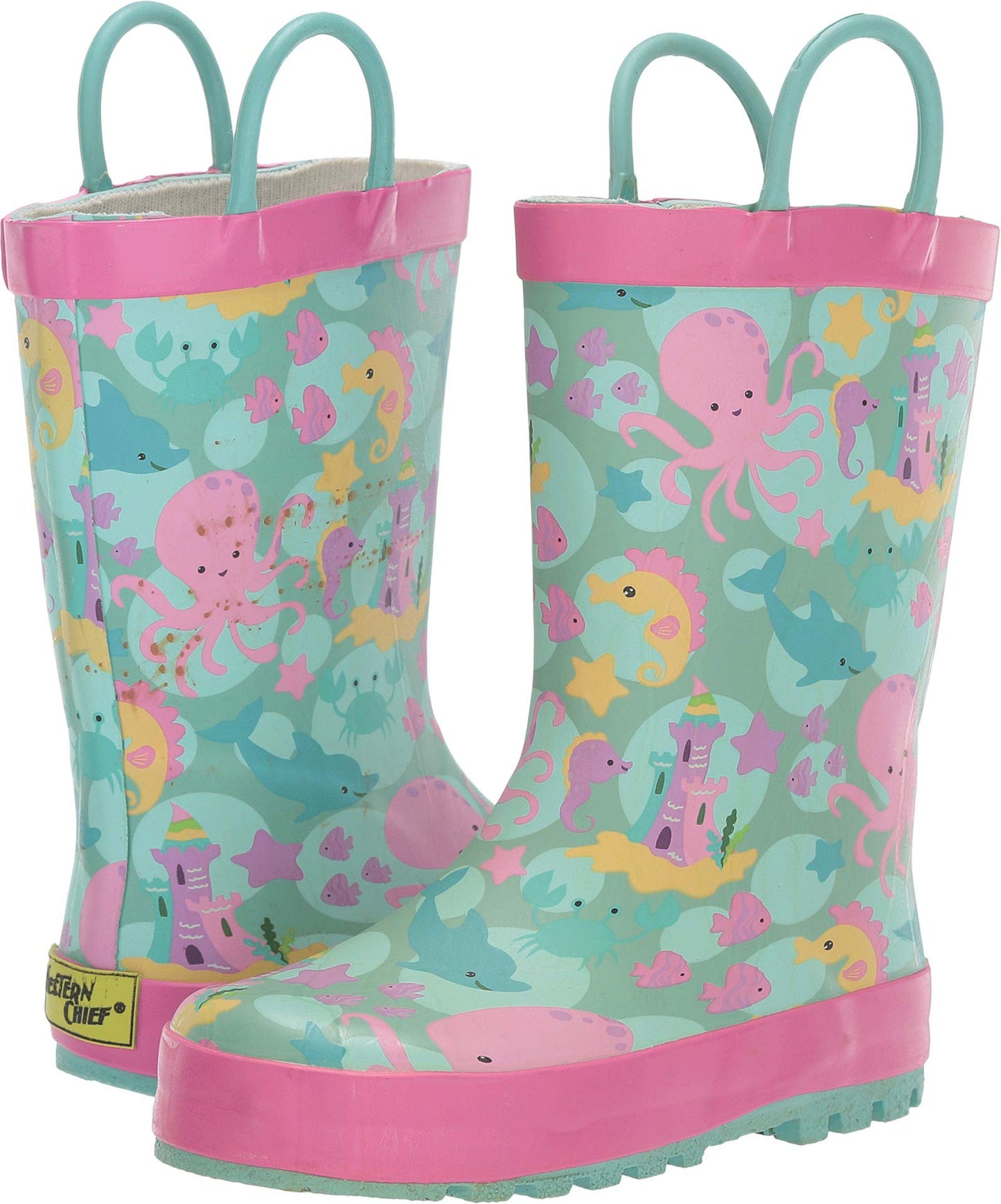 Western Chief Boys Waterproof Printed Rain Boot with Easy Pull On Handles