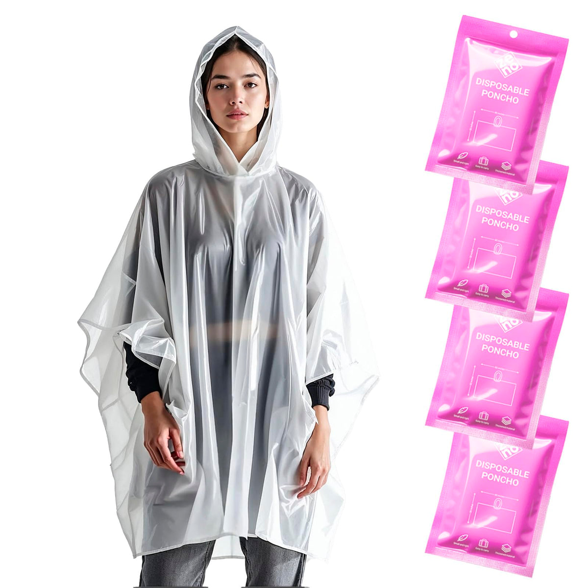 ZENO Disposable Rain Ponchos for Adults - Clear with Hood, Compact Emergency Ponchos for Hiking, Camping, Travel