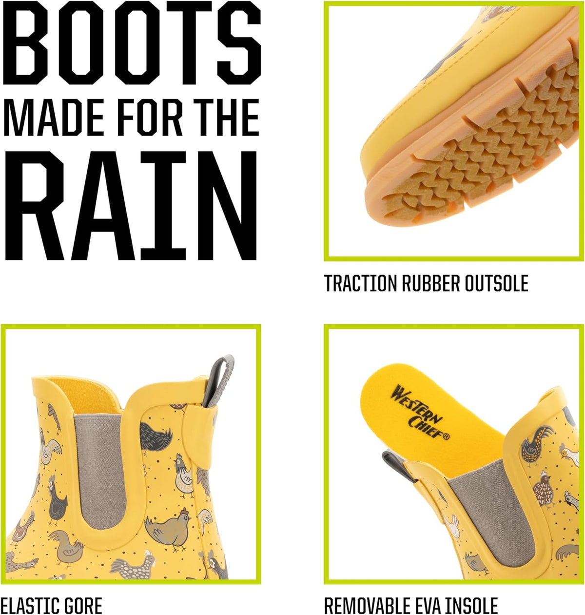 Western Chief Women's Waterproof Pull-On Chelsea Rain Boot with Fun Prints | Ladies slip-on ankle boots with rubber sole, cushioned EVA insole, built for wet days and styled for any occasion
