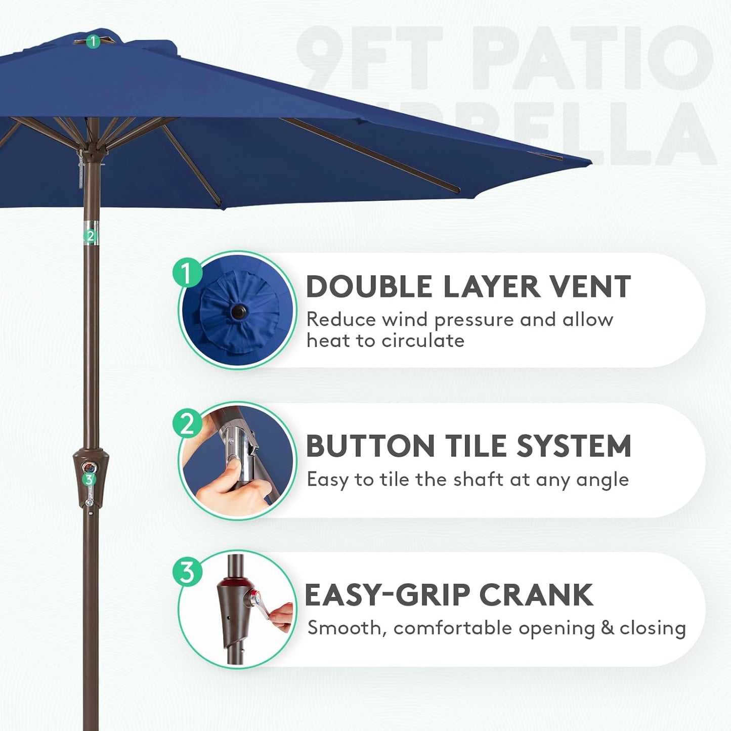 JEAREY 9FT Outdoor Patio Umbrella, Market Umbrella, Dark Blue | Outdoor Table Umbrellas with 8 Sturdy, Tilt & Crank UV Protection Waterproof for Garden, Deck, Backyard, Pool