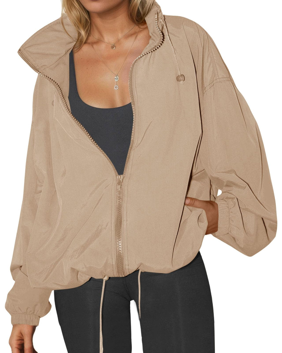 Womens Waterproof Rain Jackets Lightweight Zip Up Raincoat Outdoor Hiking Hooded Windbreaker with Pocket